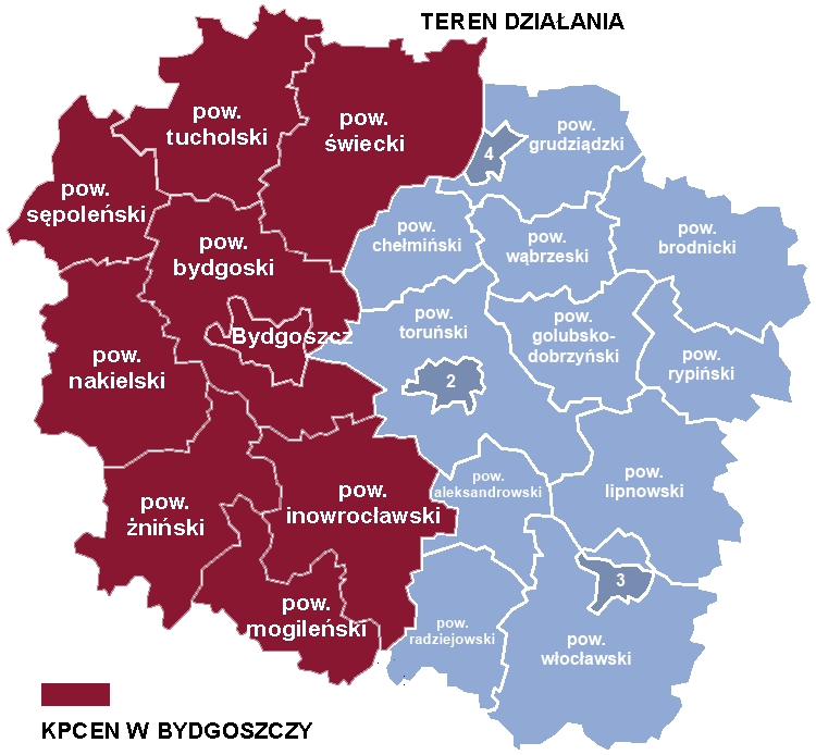 Mapa powiatów, w których działa KPCEN w Bydgoszczy